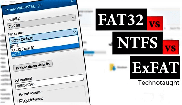 Difference between fat32 and ntfs and exfat